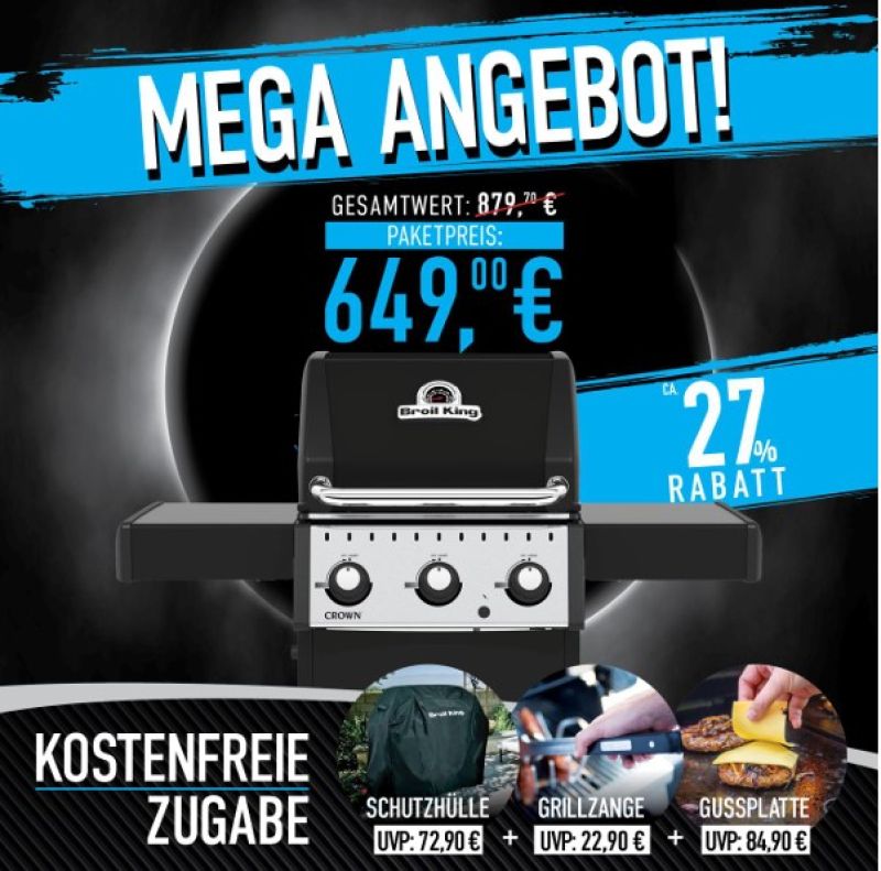 Broil King Crown 310 Bundle inkl. Abdeckhaube, Gussplatte und Grillzange