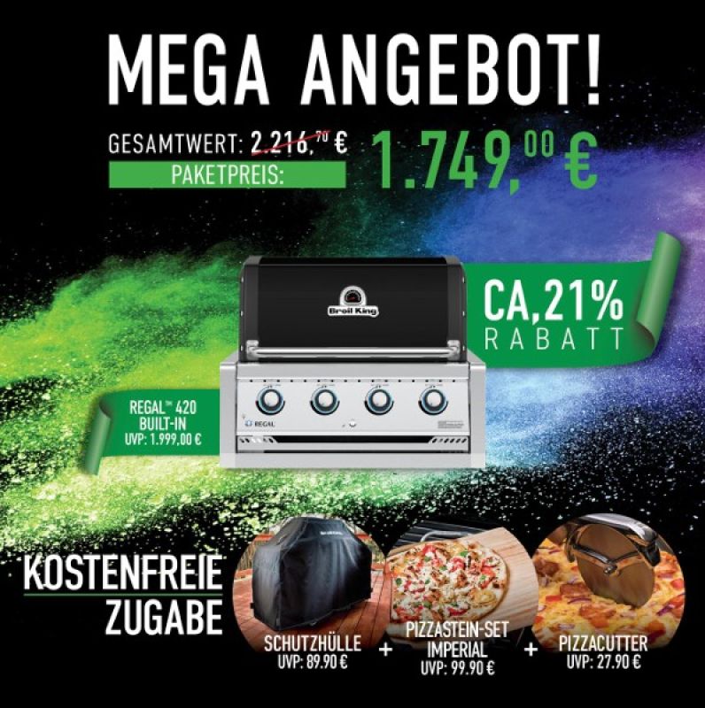 BroilKing Regal 420 Built-In Bundle inkl. Abdeckhaube, Pizzastein-Set Imperial und Pizzaroller